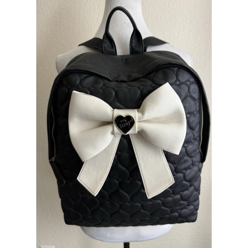 Betsey Johnson Backpack Quilted Hearts Bow Faux Leather Large Book Computer Bag